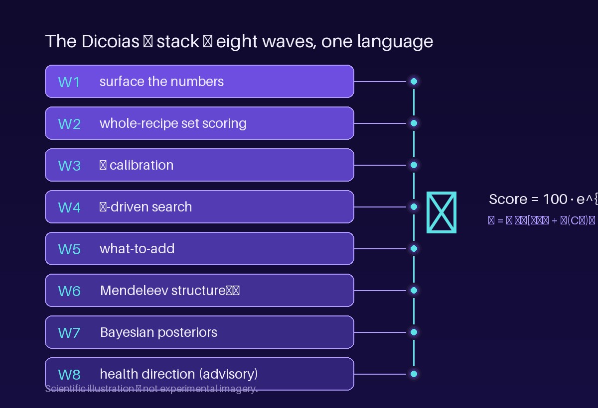 The Dicoias Ψ stack — eight waves W1 to W8 linked by the Ψ objective — Panacea Bio Chem